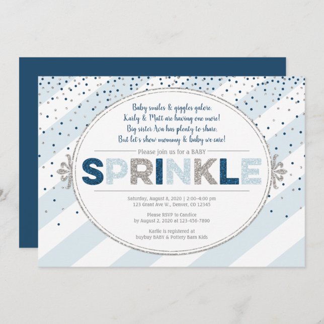 boy baby sprinkle invitation navy blue silver (Front/Back)