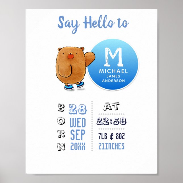 BOY BABY STATS Birth Details Announcement Keepsake Poster (Front)
