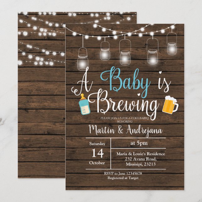 Boy BabyQ invitation Coed BBQ Baby brewing invite (Front/Back)