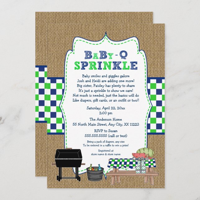 BOY BabyQ Sprinkle, BBQ Baby Shower, BABY Q Invitation (Front/Back)