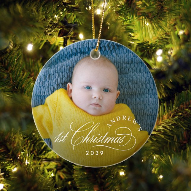Boy Baby's 1st Christmas Elegant Photo Ceramic Ornament (Creator Uploaded)