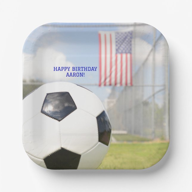 Boy  Ball on Field American Flag Soccer Birthday  Paper Plates (Front)