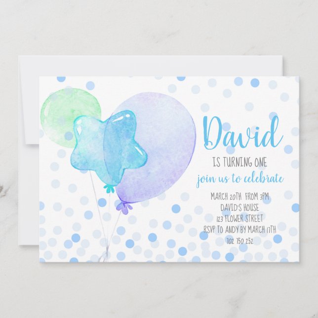 Boy Ballons Confetti Blue Cute 1st Birthday Party Invitation (Front)