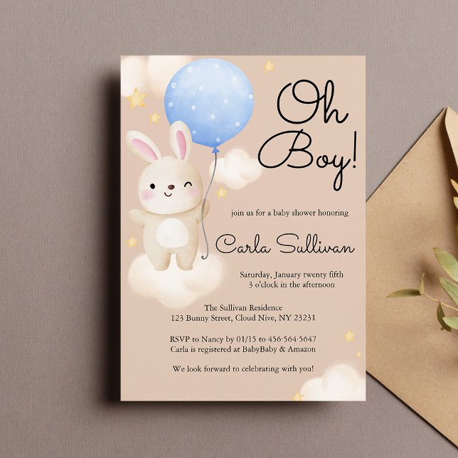 Boy Balloon Cute Brown Bunny Baby Shower Invitation (Creator Uploaded)