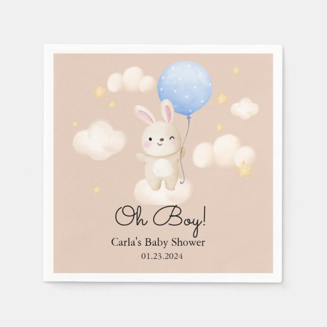 Boy Balloon Cute Brown Bunny Baby Shower Napkins (Front)