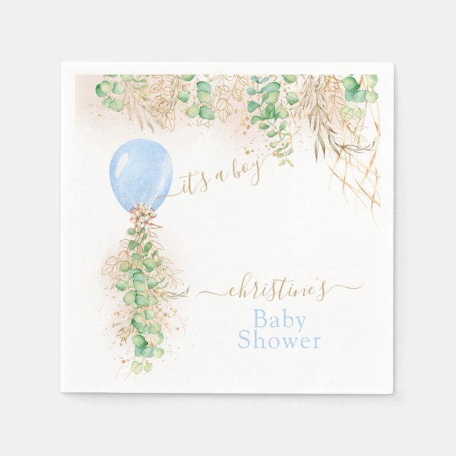 Boy Balloon Eucalyptus Gold Glitter Baby Shower Napkins (Front)