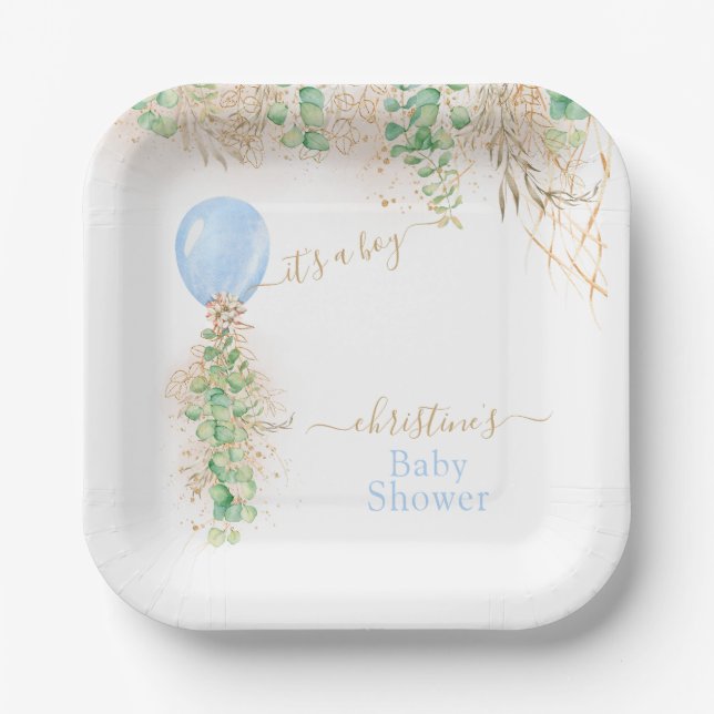 Boy Balloon Eucalyptus Gold Glitter Baby Shower Paper Plates (Front)