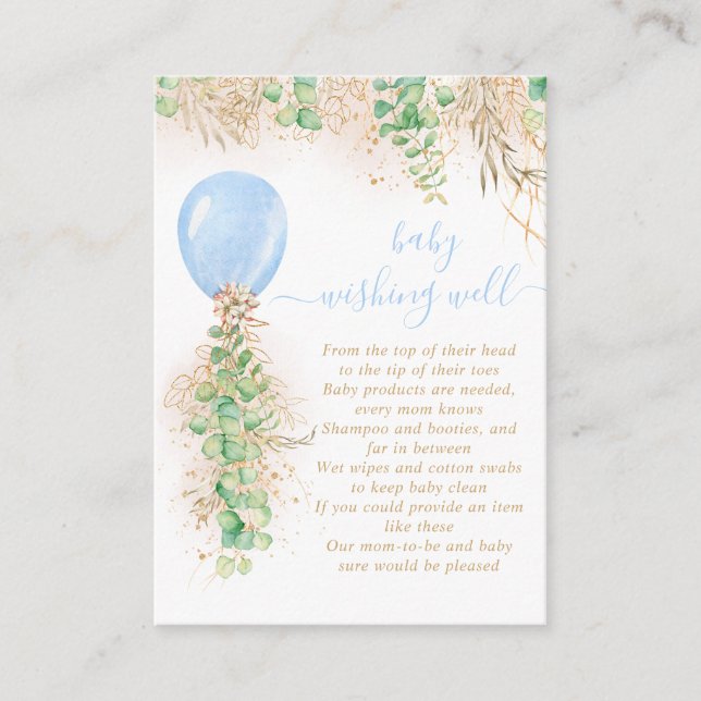 Boy Balloon Greenery Wishing Well Baby Shower Enclosure Card (Front)