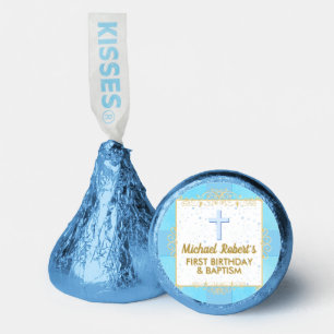 Boy Baptism 1st Birthday Blue Gold Text Polka Dot Hershey®'s Kisses®