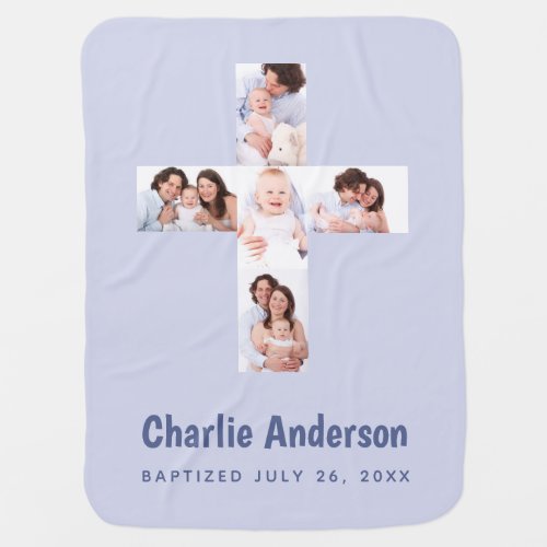 Boy Baptism 5 Photo Collage Cross Christening Blue Baby Blanket