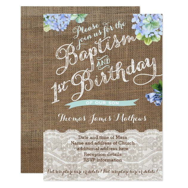 Boy Baptism And 1st Birthday, Blue Floral Invites