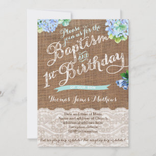 boy baptism and 1st birthday, blue floral invites