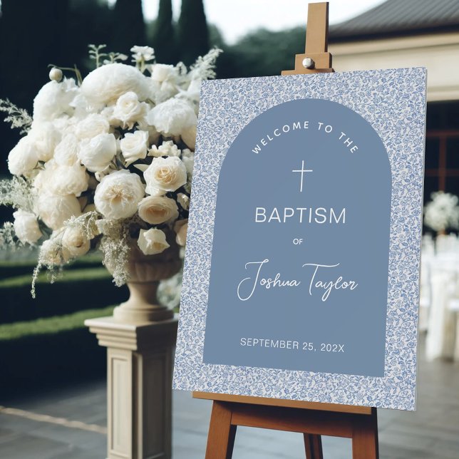 Boy Baptism Arch Blue White Pattern Script Welcome Foam Board (Creator Uploaded)