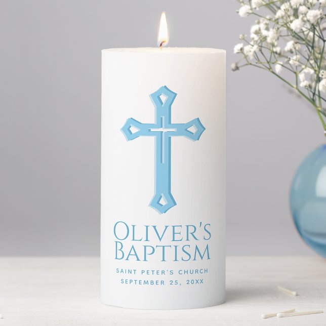 Boy Baptism Baby Blue Cross Religious Christening  Pillar Candle (Creator Uploaded)