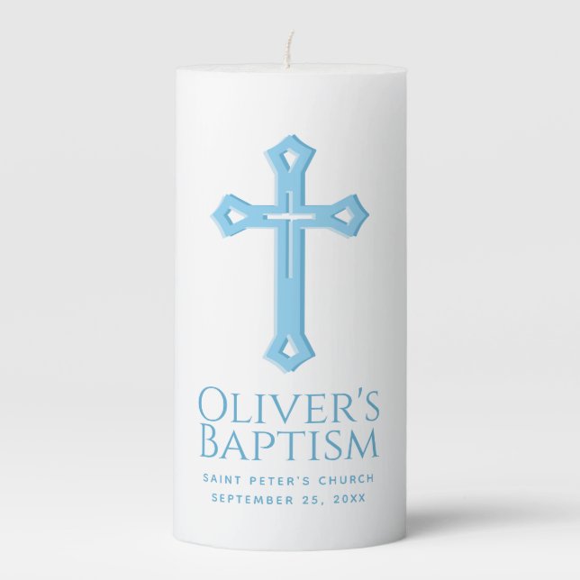 Boy Baptism Baby Blue Cross Religious Christening  Pillar Candle (Front)