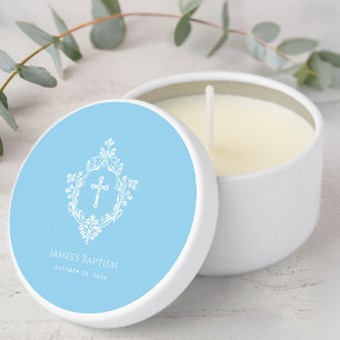 Boy Baptism Baby Blue Elegant Vintage Crest Cross Mini Candle Favors
