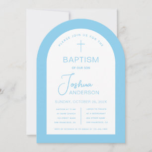 Boy Baptism Baby Blue White Arch Script Religious Invitation