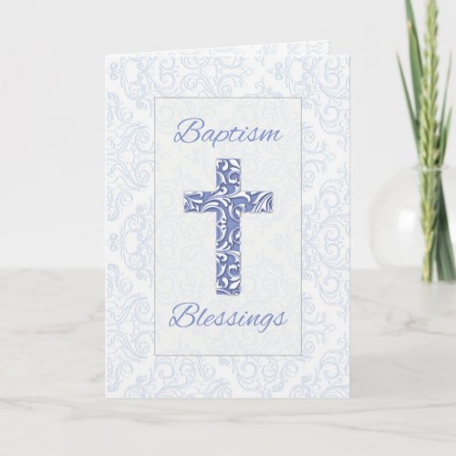 Boy Baptism Blessings Blue Cross Damask Swirls Card