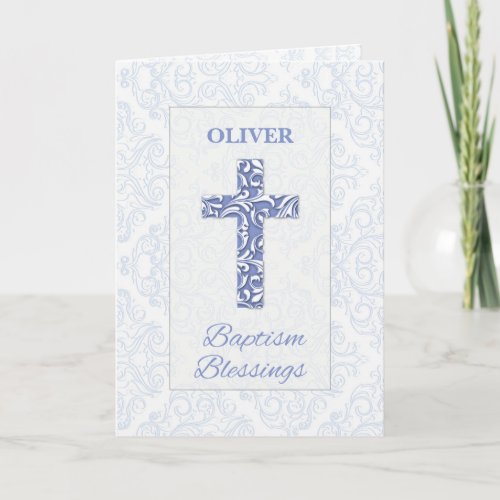 Boy Baptism Blessings Blue Cross Damask Swirls Card