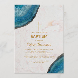 Boy Baptism Blue Agate Geode Marble Gold Cross Invitation