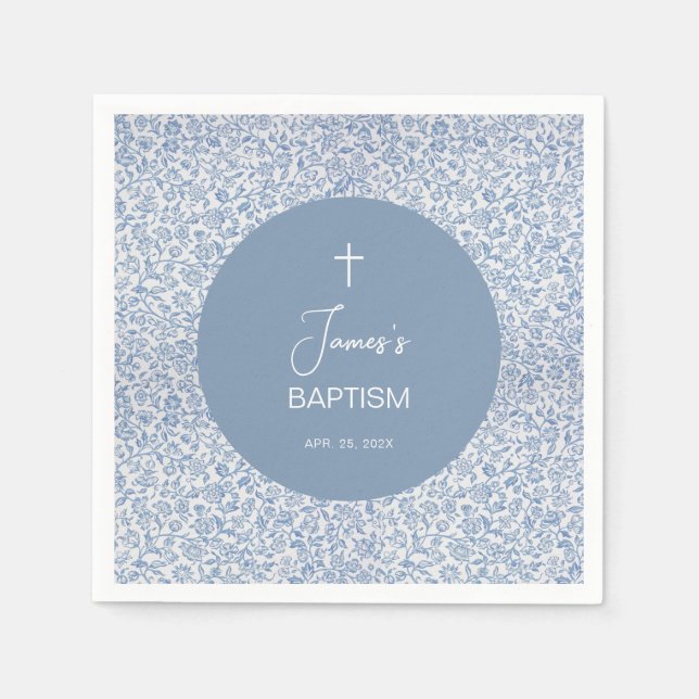 Boy Baptism Blue and White Floral Pattern Elegant Napkins (Front)