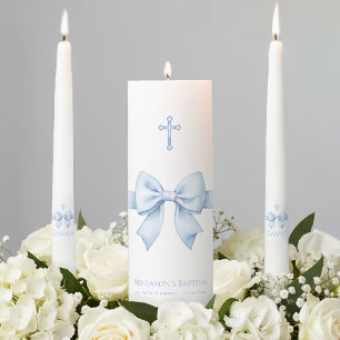 Boy Baptism Blue Bow & Cross Religious Christening Unity Candle Set