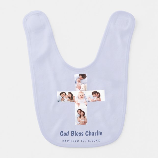 Boy Baptism Blue Collage 5 Photo Cross Christening Baby Bib (Front)