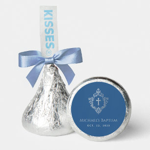 Boy Baptism Blue Faux Silver Cross & Crest Elegant Hershey®'s Kisses®