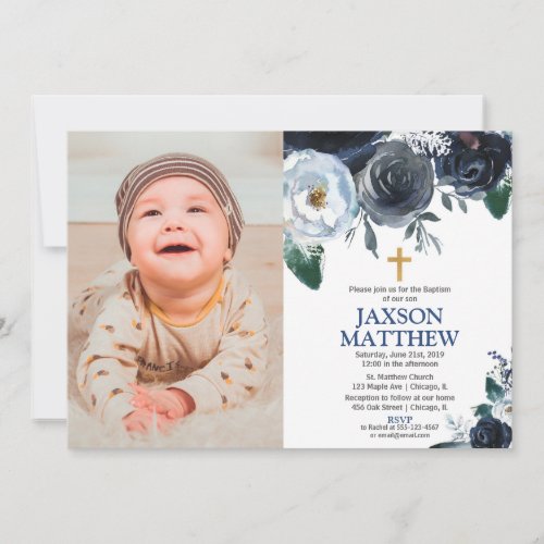 Boy Baptism blue floral watercolors photo Invitation