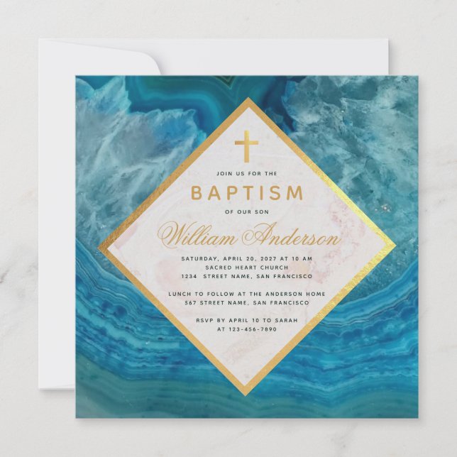 Boy Baptism Blue Geode Faux Gold Cross Marble  Invitation (Front)