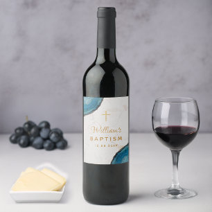 Boy Baptism Blue Geode Gold Cross White Marble Wine Label