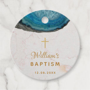 Boy Baptism Blue Geode White Marble Gold Cross Favor Tags