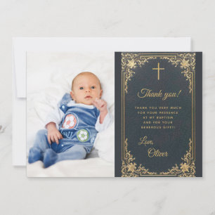 Boy Baptism Blue Gold Photo Vintage Thank You Card