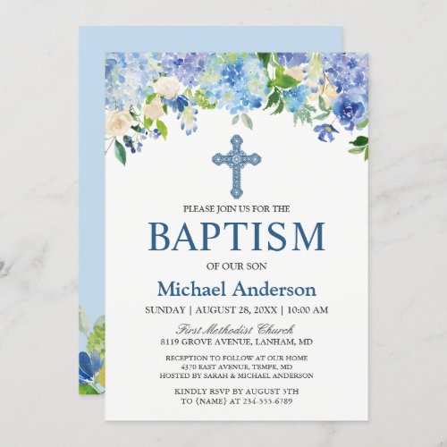 Boy Baptism Blue Hydrangea Watercolor Floral Invitation