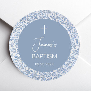 Boy Baptism Blue White Floral Pattern Christening Classic Round Sticker
