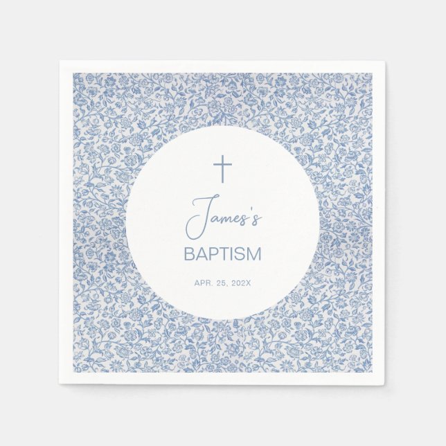 Boy Baptism Blue White Floral Pattern Christening  Napkins (Front)