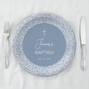 Boy Baptism Blue White Floral Pattern Christening Paper Plates