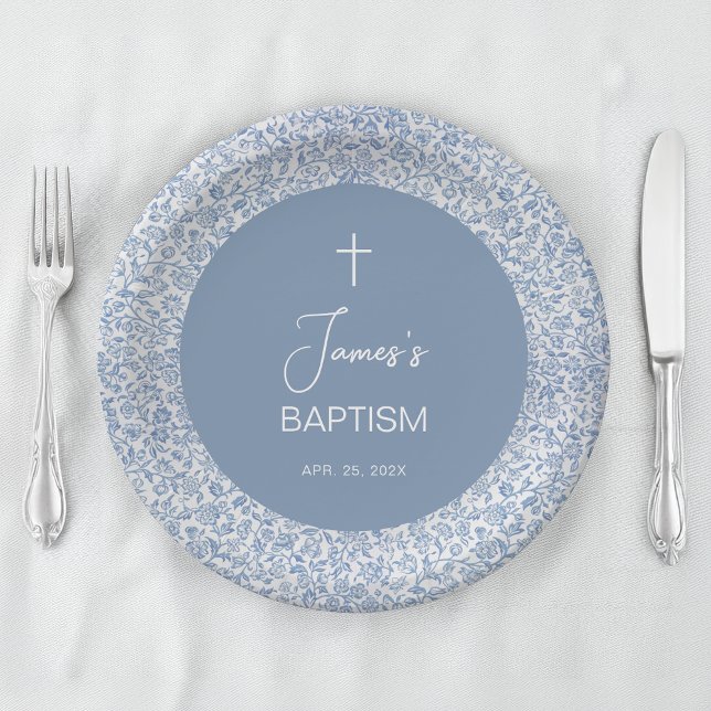 Boy Baptism Blue White Floral Pattern Christening Paper Plates (Creator Uploaded)