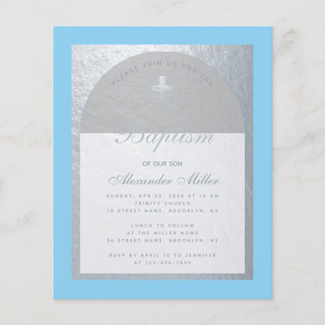 Boy Baptism Budget Baby Blue Silver Invitation (Front)