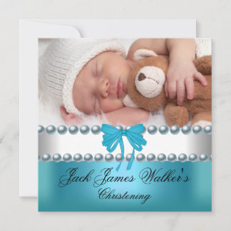 Boy Baptism Christening Boy White Blue Bow Photo Invitation