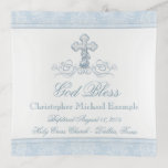 Boy Baptism Christening Keepsake Trinket Dish<br><div class="desc">Boy baptism keepsake trinket dish tray with elegant baby blue and white pearl cross on an elegant baby blue damask background. This elegant commemorative baby baptism dish is easily customized for your event by simply adding your details in the font style and wording of your choice. You can also move...</div>