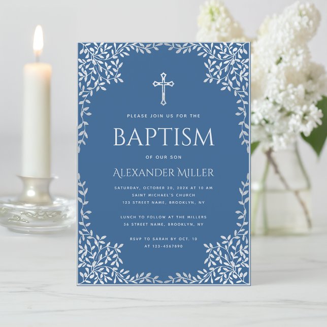 Boy Baptism Classic Blue Faux Silver Leaves Ornate Invitation (Creator Uploaded)