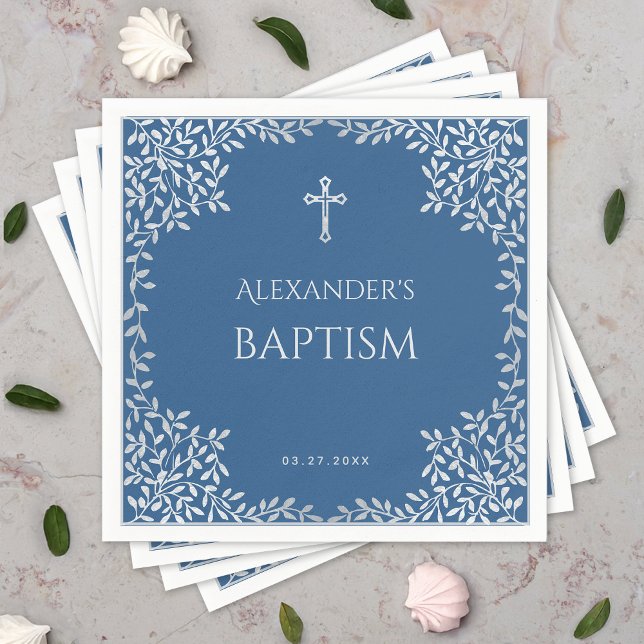 Boy Baptism Classic Blue Faux Silver Leaves Ornate Napkins (Creator Uploaded)