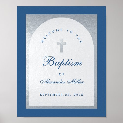 Boy Baptism Classic Blue Faux Silver Welcome Sign
