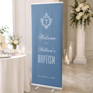 Boy Baptism Classic Blue White Crest Religious Retractable Banner