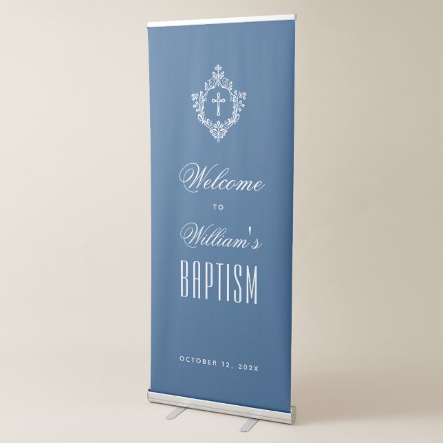 Boy Baptism Classic Blue White Crest Religious Retractable Banner (3/4)