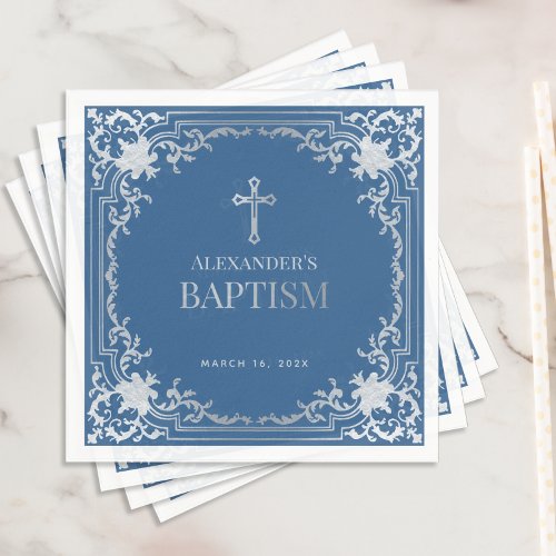 Boy Baptism Classic Elegant Blue Faux Silver Foil Napkins