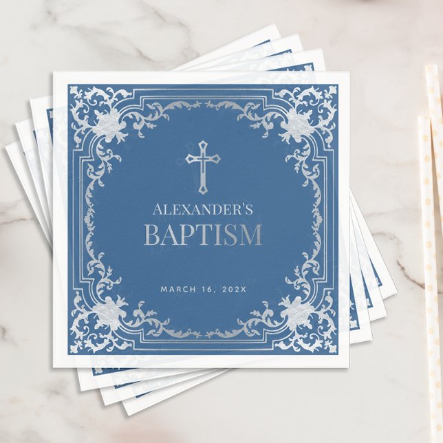  Boy Baptism Classic Elegant Blue Faux Silver Foil Napkins (Creator Uploaded)