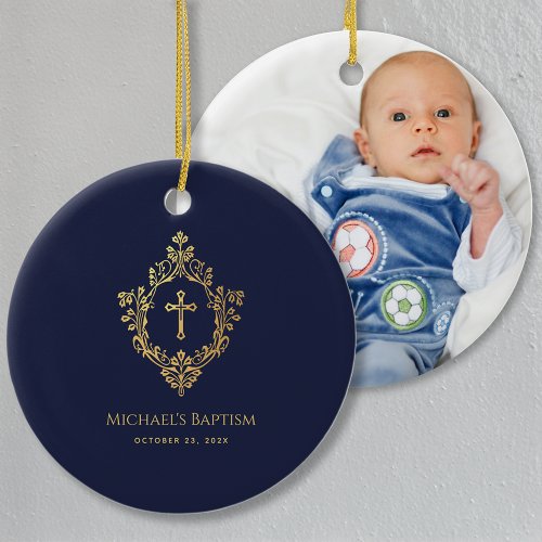 Boy Baptism Crest Navy Blue Elegant Faux Gold Foil Ceramic Ornament