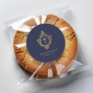 Boy Baptism Crest Navy Blue Vintage Faux Gold  Classic Round Sticker